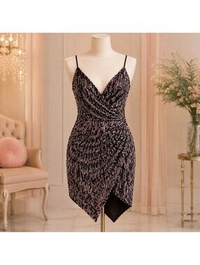 Black Sequin Wrap Style Asymmetrical Mini Dress